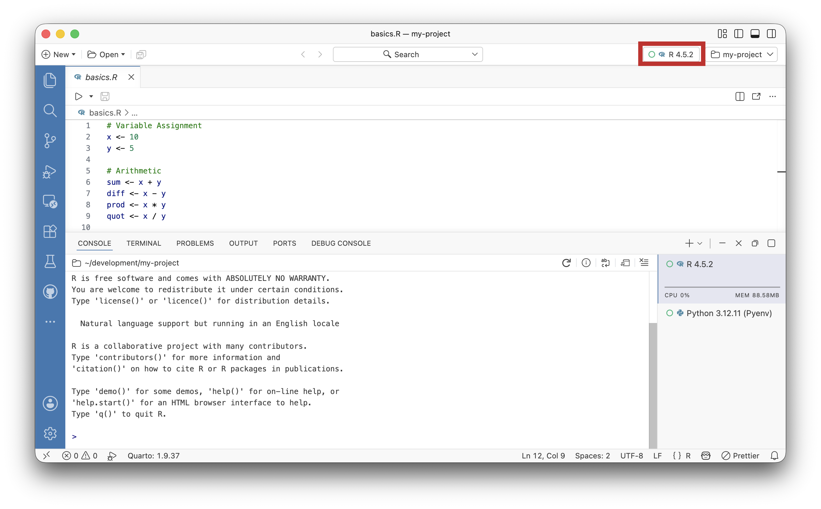 Positron IDE with a red square around the interpreter picker. R 4.5.2 is the active console session and is highlighted in the Console pane.
